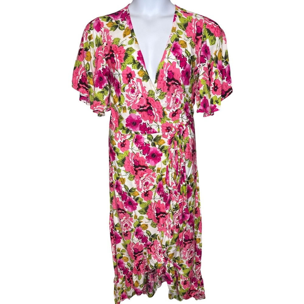 Walker & Wade Women Pink Floral Ruffle Wrap Maxi Dress One Size Resortwear Flowy
